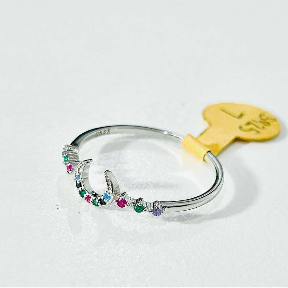 S925 Sterling Silver Multicolor Crescent Moon Ring Size 7